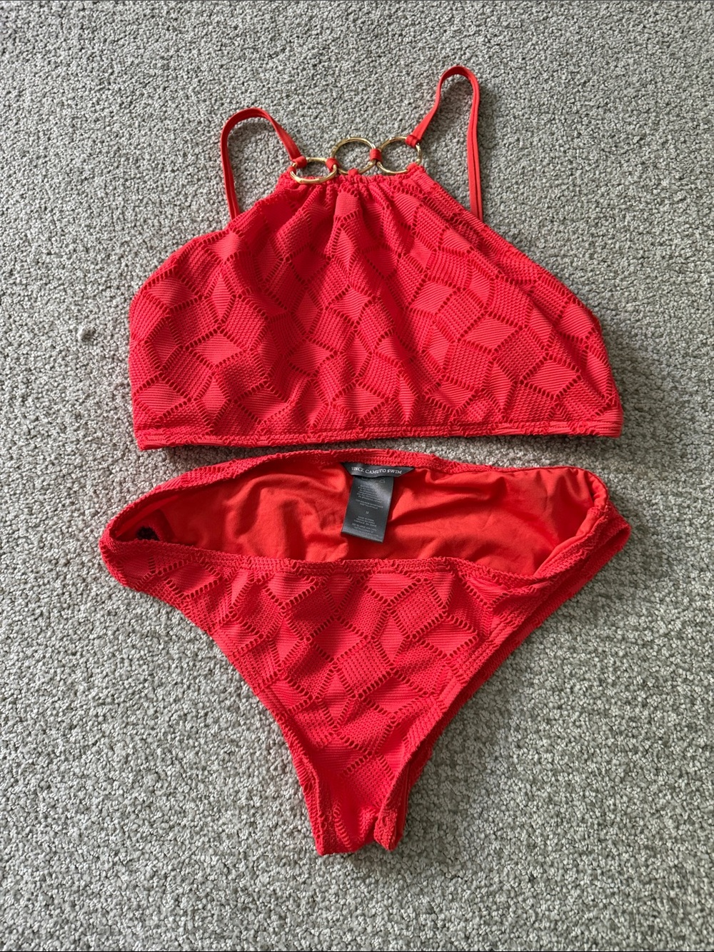 Vince Camuto Red Crochet High-Neck Bikini Set with Gold Rings